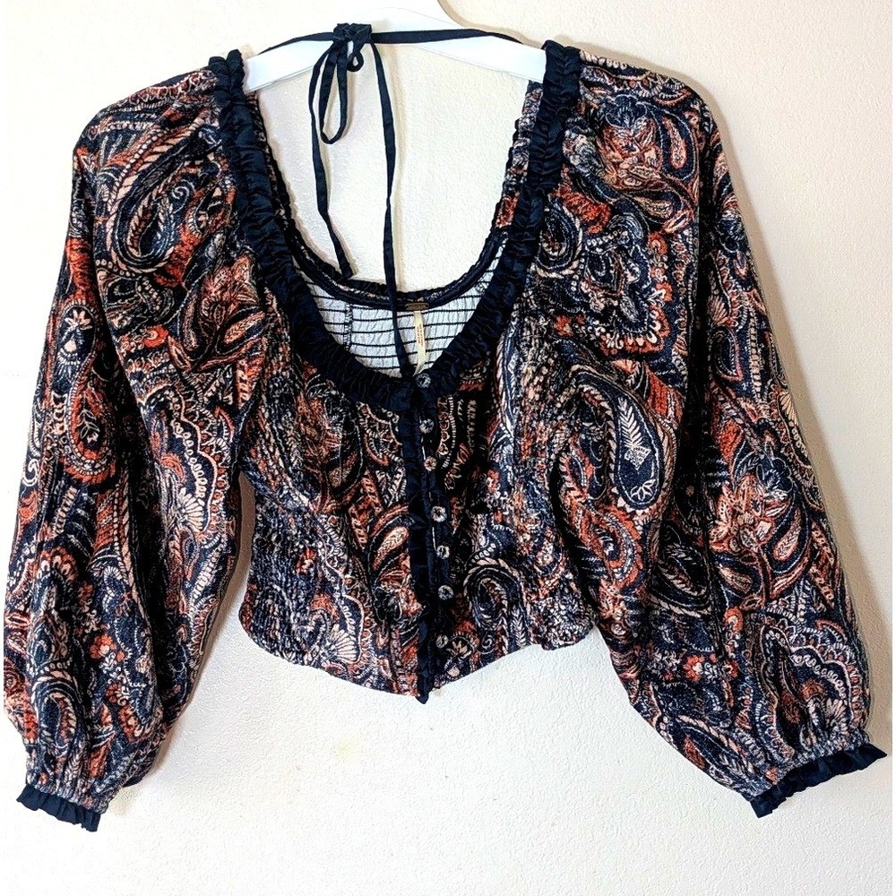 Free People‎ Dare Me Velvet Paisley Blouse Puffed Sleeve Black S/P